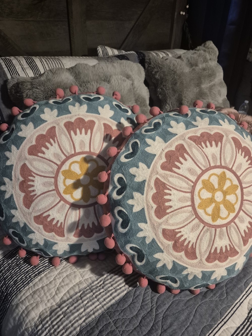 Boho Floral Round Accent Pillows - Blue, Pink & Yellow